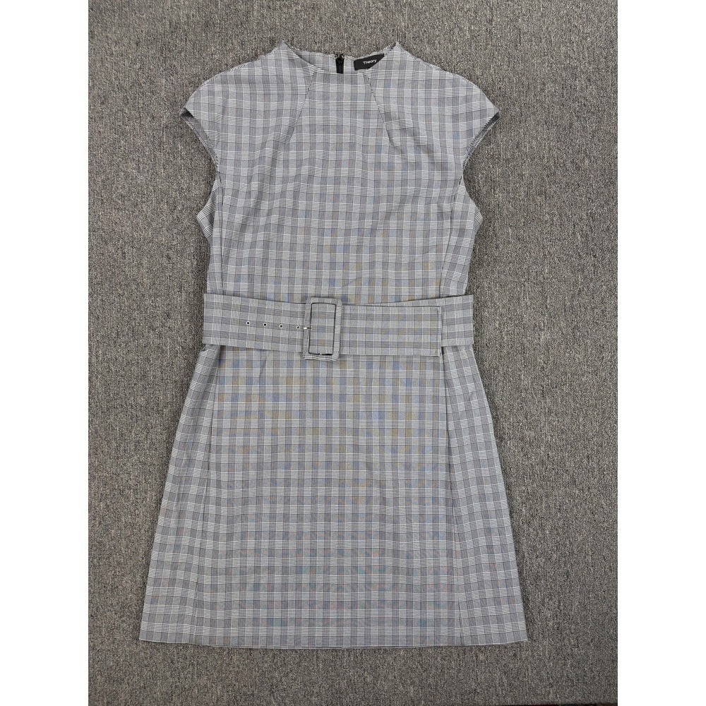 Theory Dress Womens 10 Gray McClair Plaid Belted Cap‎ Sleeve Sheath Work